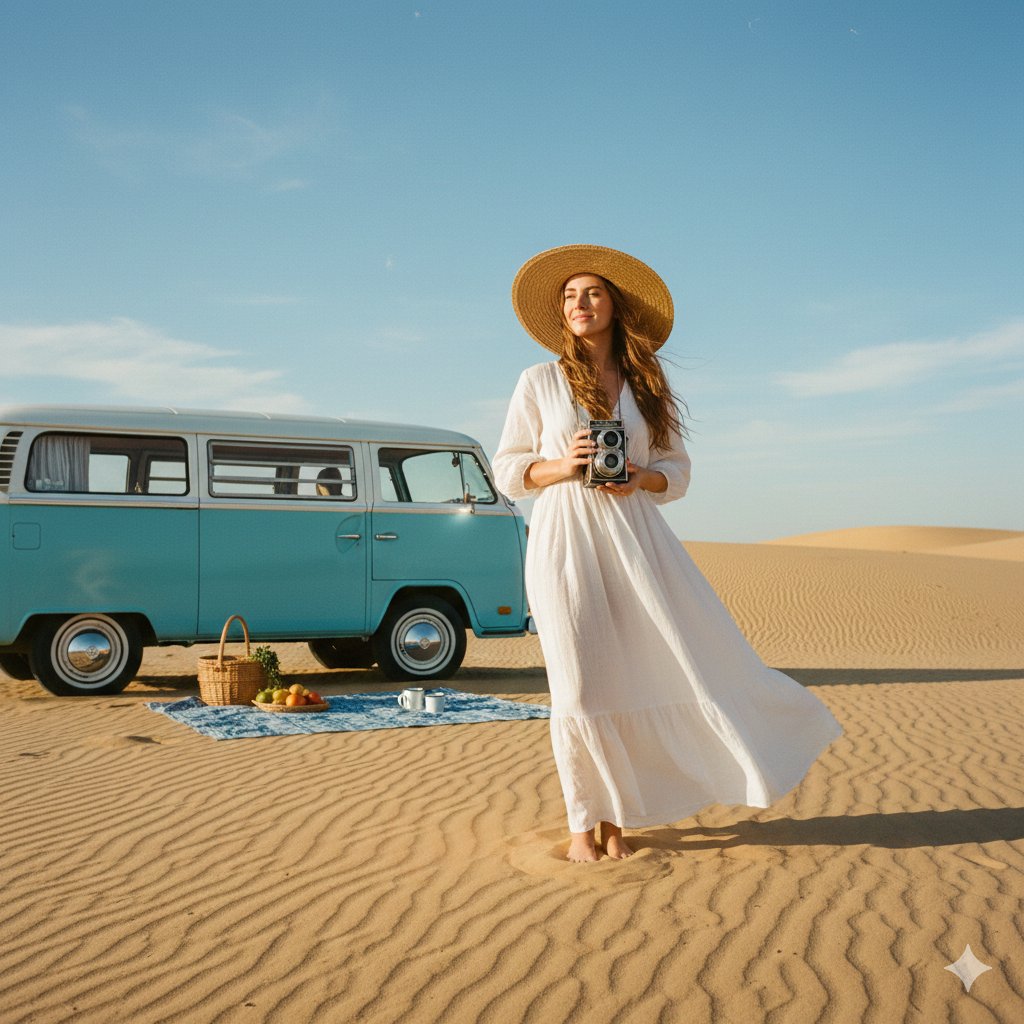Woman in Desert with Camper Van