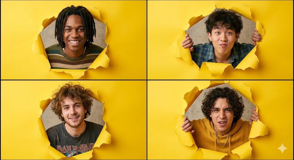 Four Men Peeking Through Yellow Paper