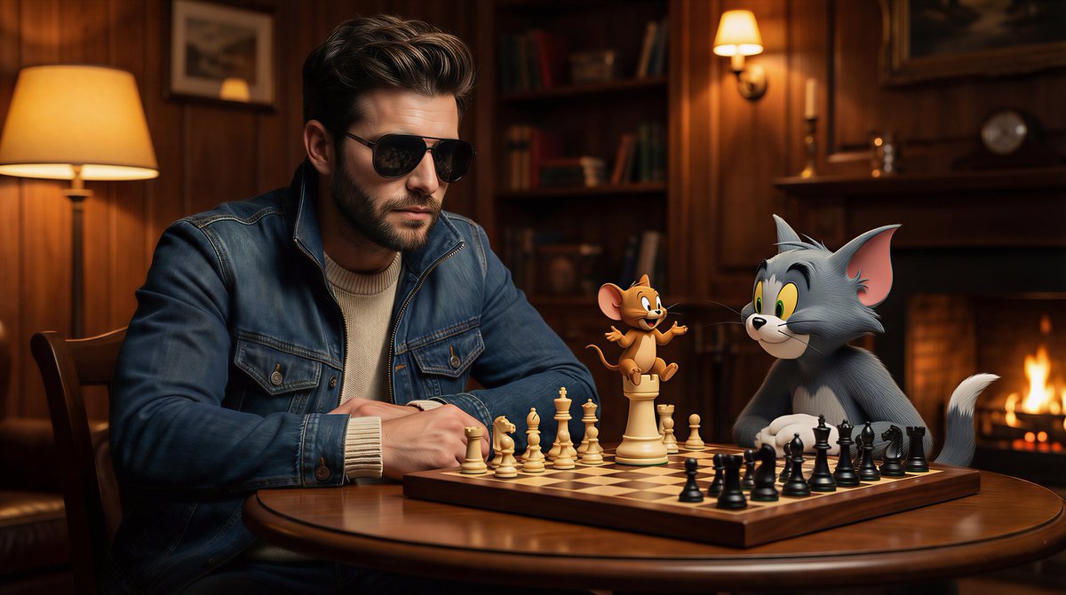 Man Plays Chess With Cartoons