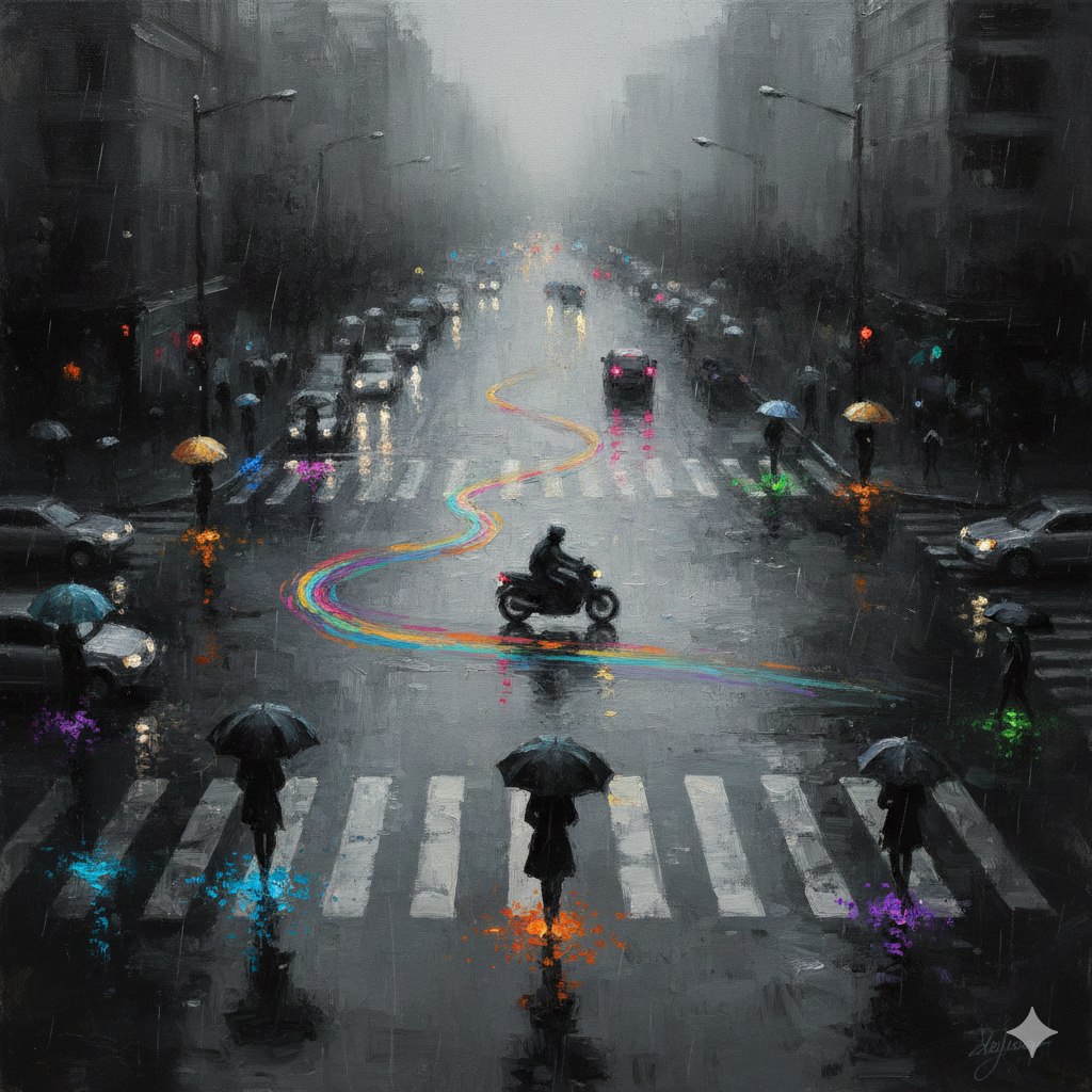 Rainy Urban Intersection Painting