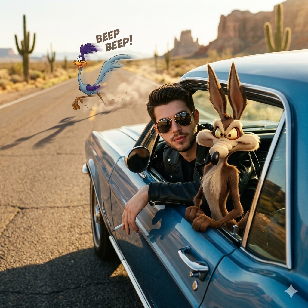 Man, Coyote, Roadrunner Desert Drive