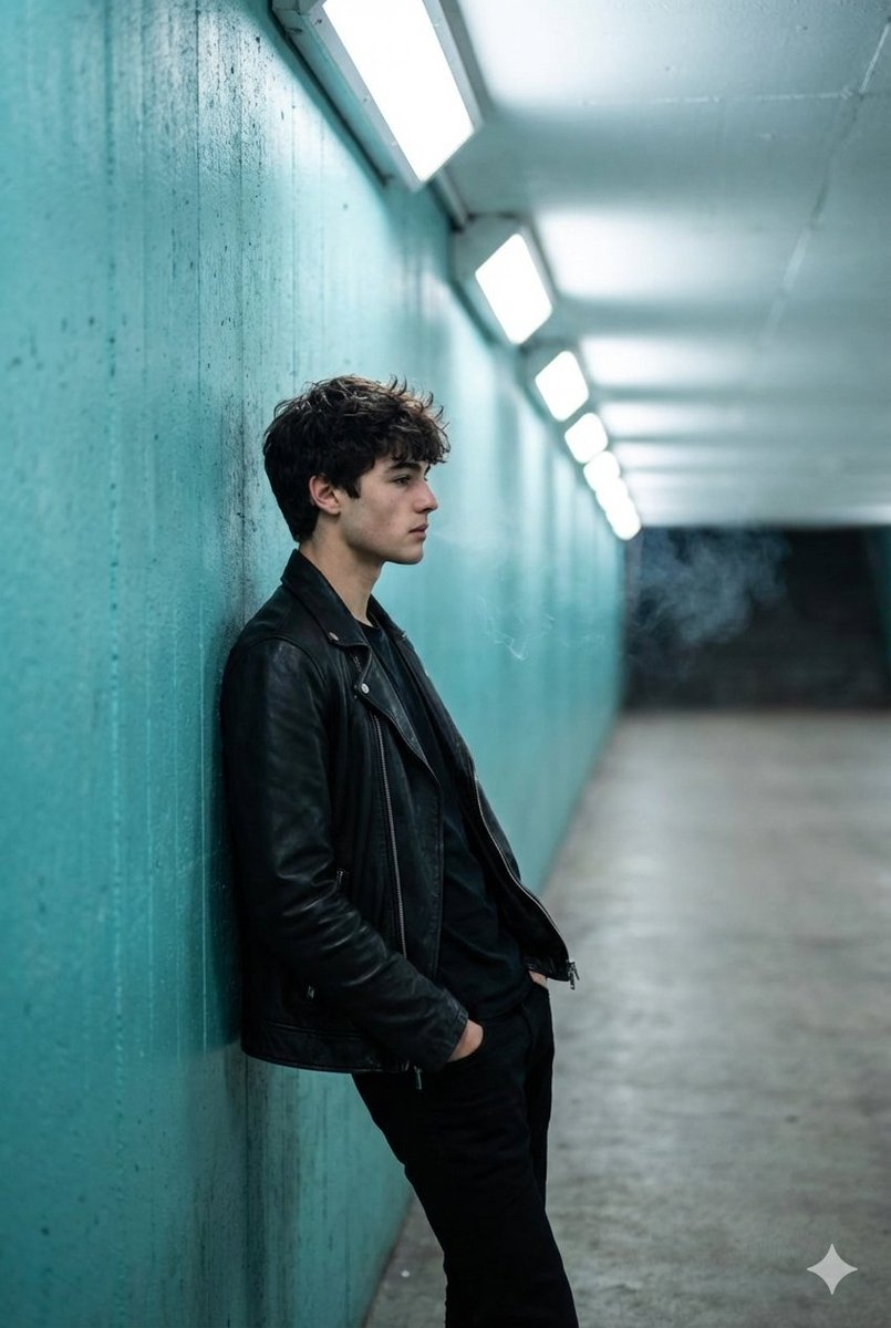 Man Leaning Against Turquoise Wall