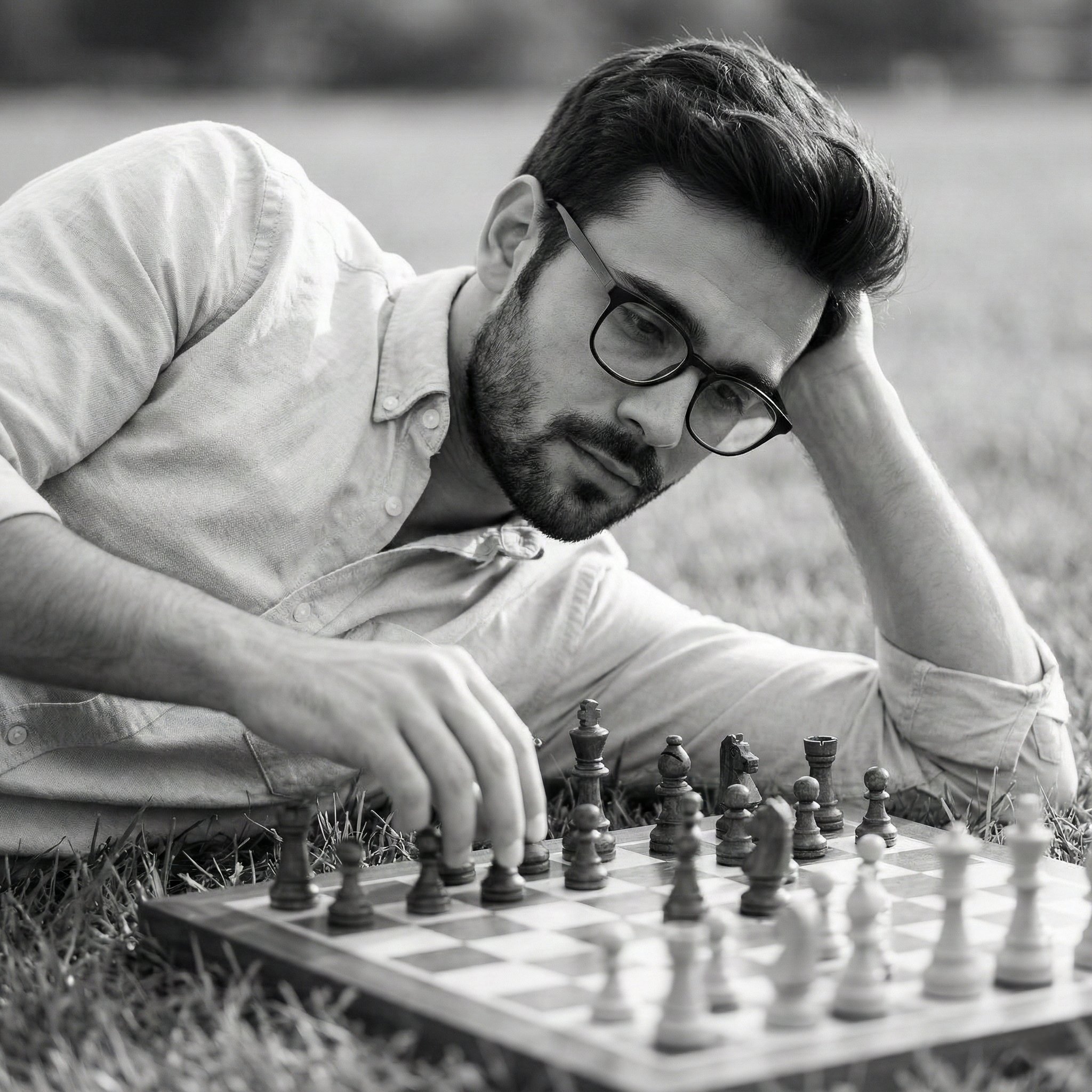 Man Contemplating Chessboard