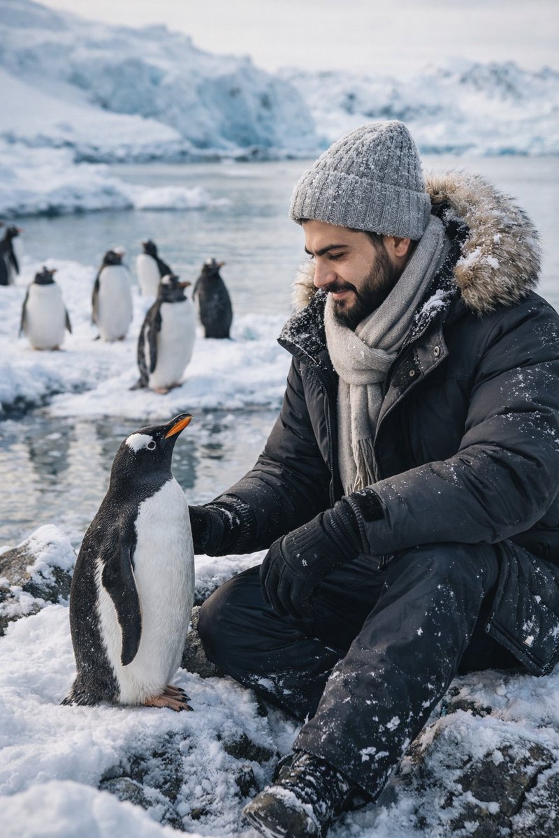 Man Interacting With Penguins