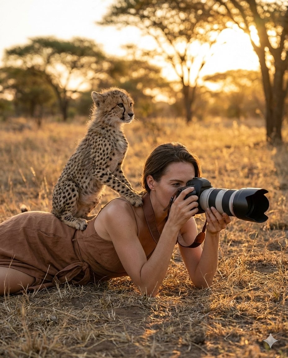 Woman Photographing Wildlife with Cheetah