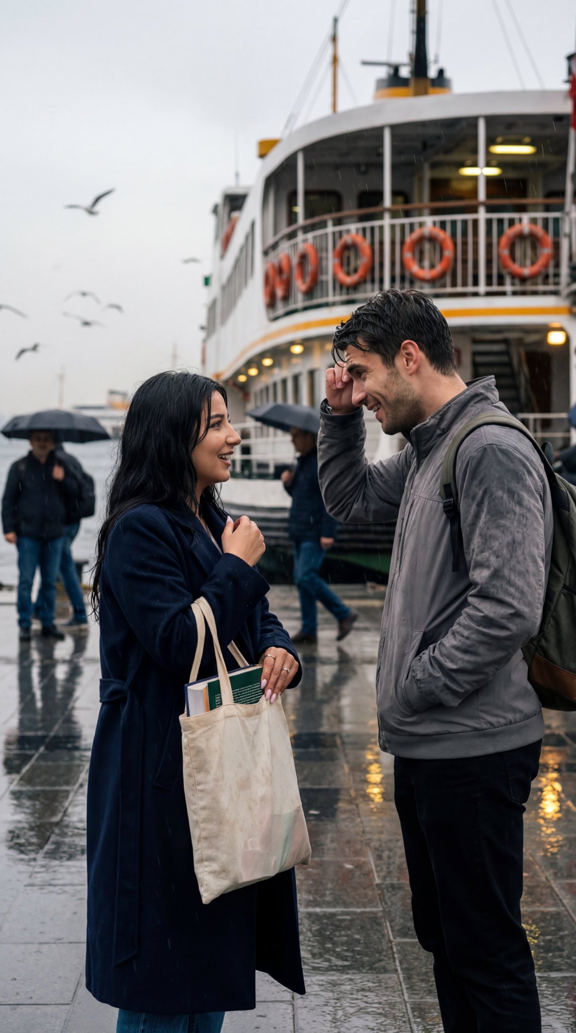 Couple's Rainy Ferry Reunion