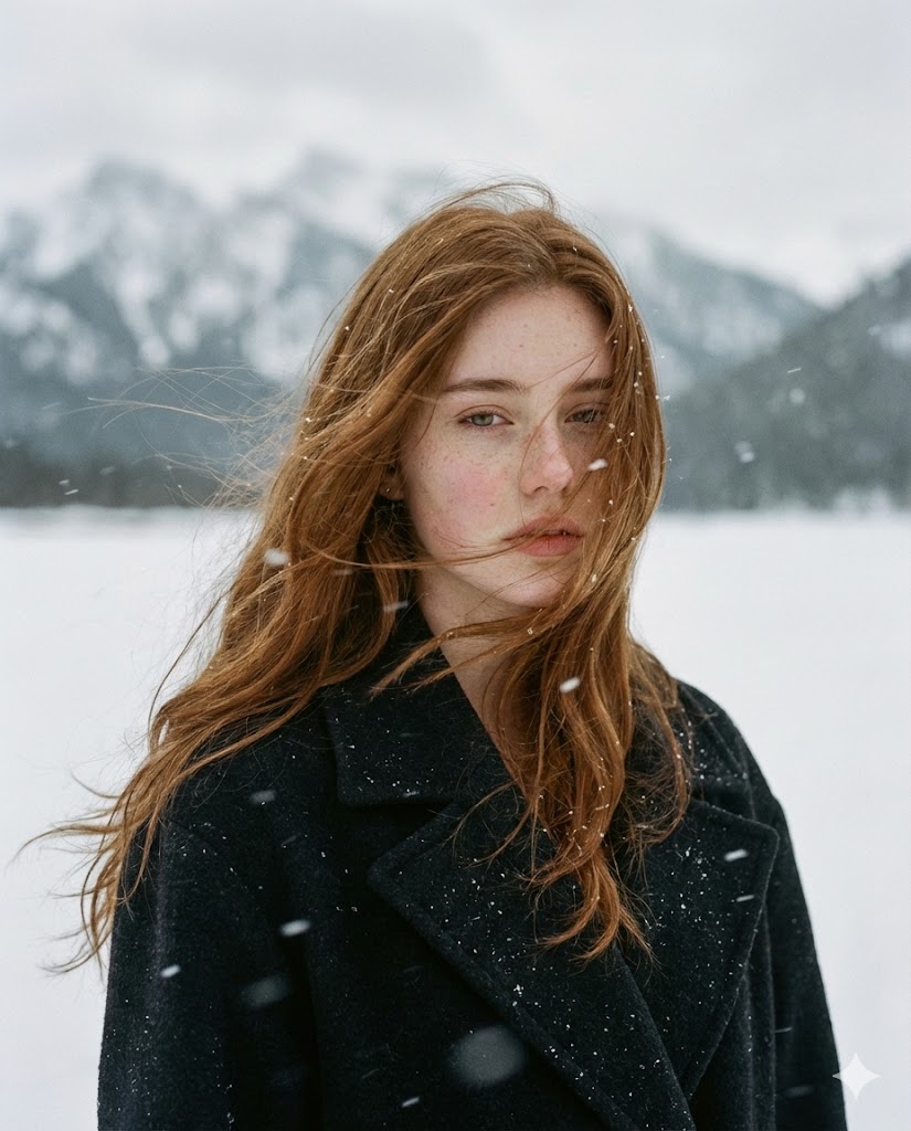 Woman in Snowy Mountain Landscape