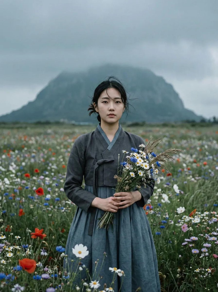 Woman in Hanbok in Meadow