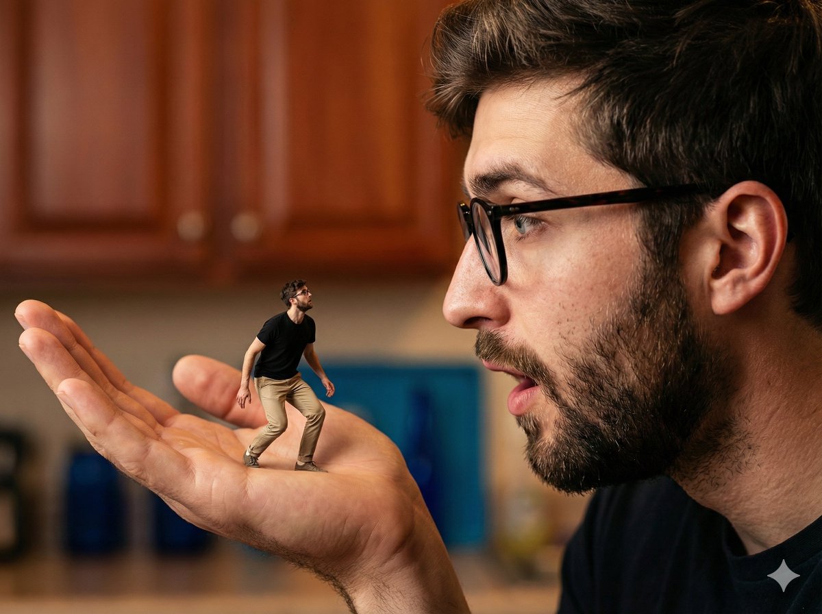 Giant Man Holds Tiny Man