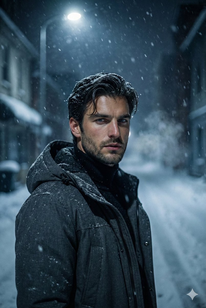Young Man in Snowy Street