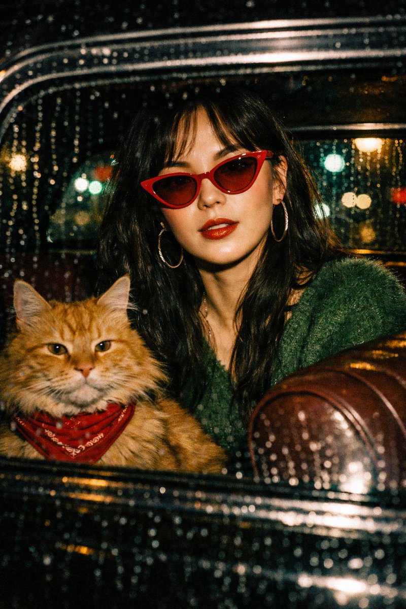 Chic Woman, Cat, Rainy Night