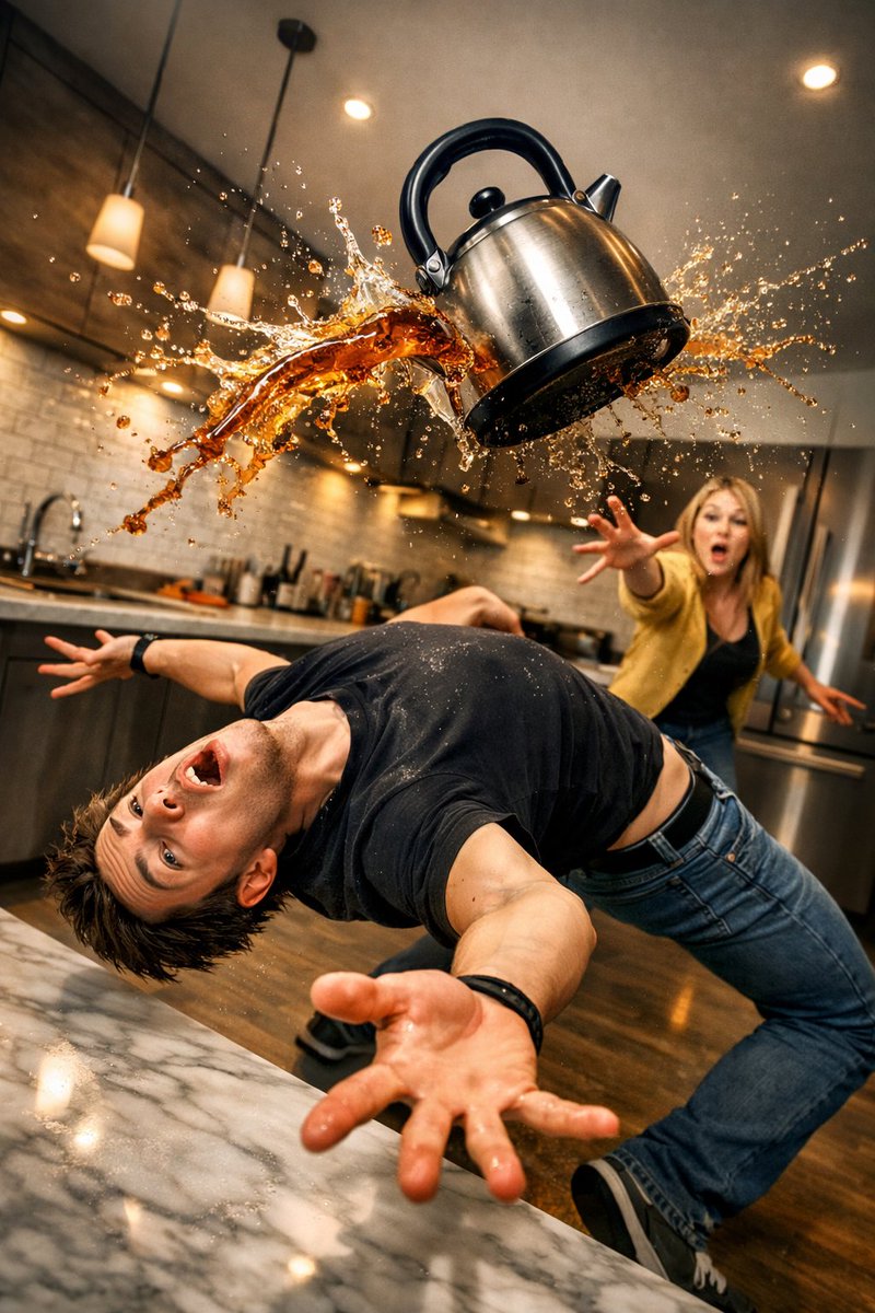 Acrobatic Kitchen Tea Splash Comedy
