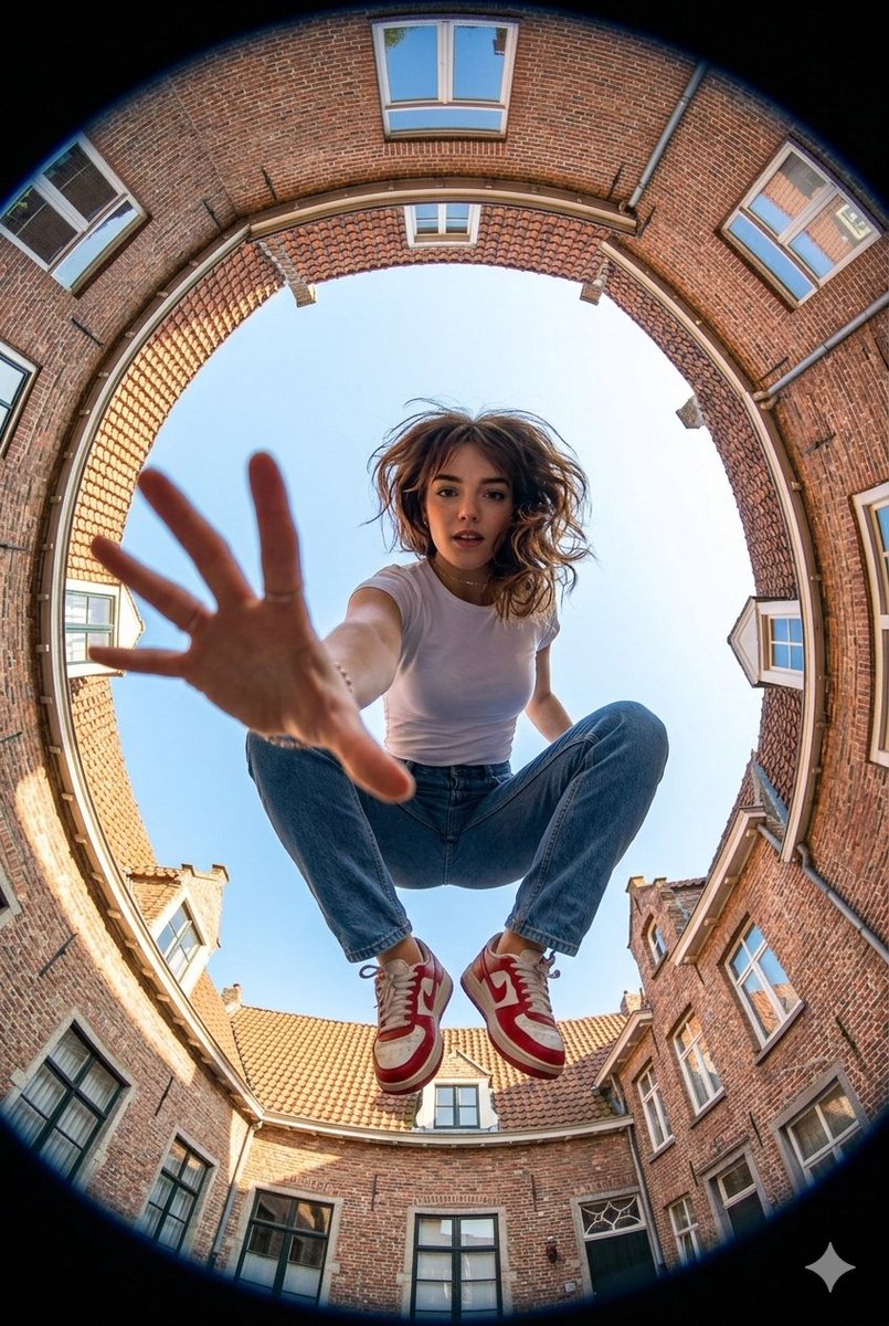 Woman Crouching Between Buildings