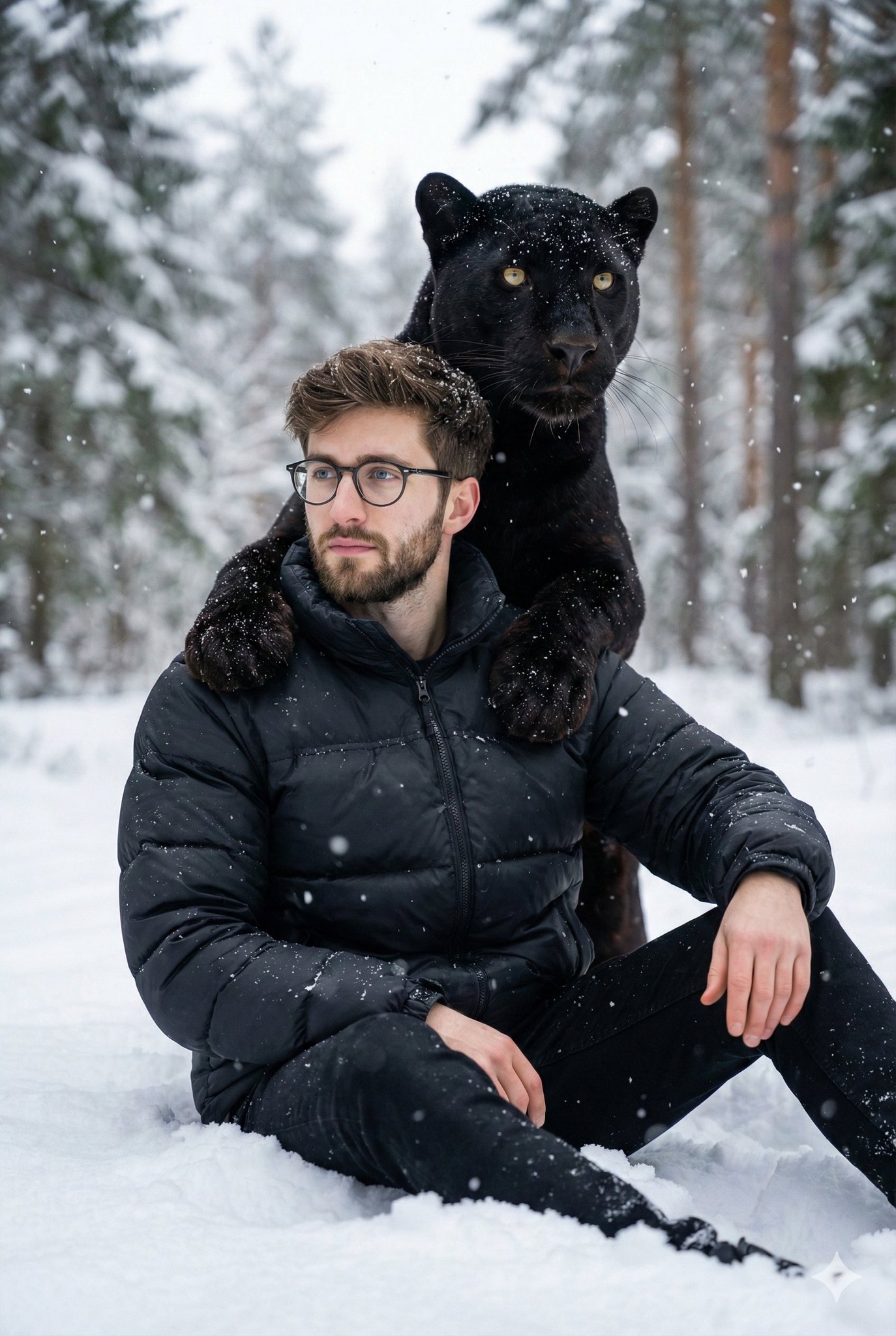 Man and Panther in Snow