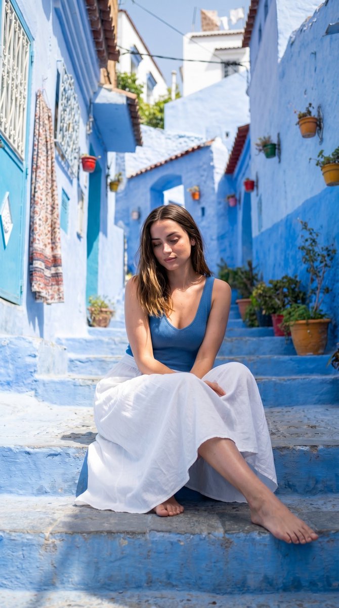 Woman Seated on Blue Steps
