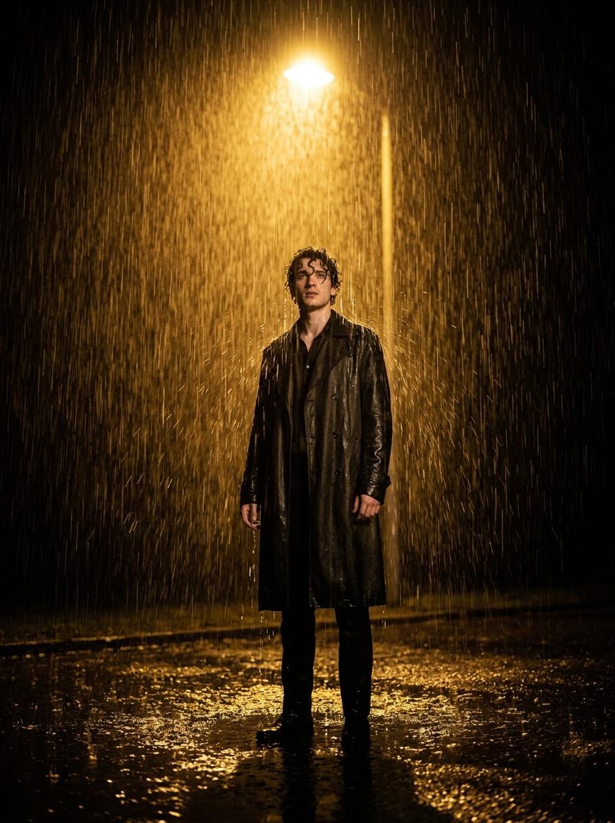 Person Under Streetlight in Rain
