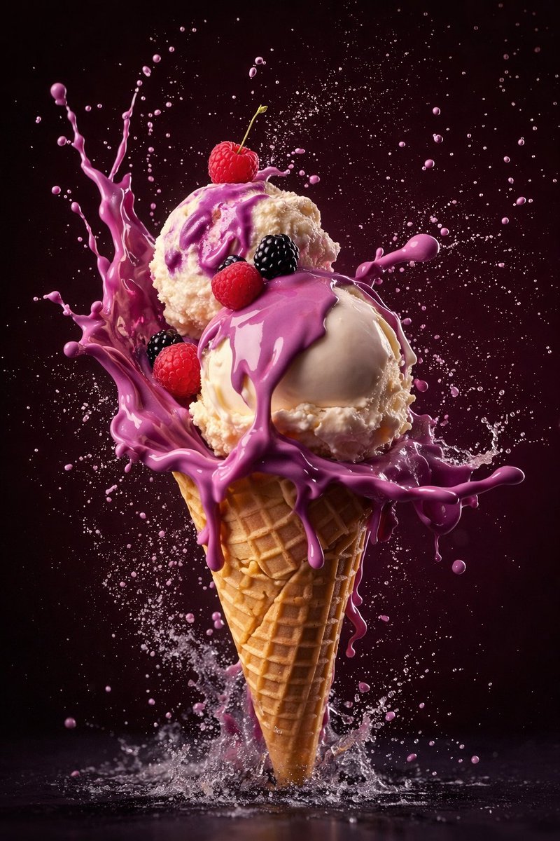 Hyperreal Ice Cream Cone with Purple Splash