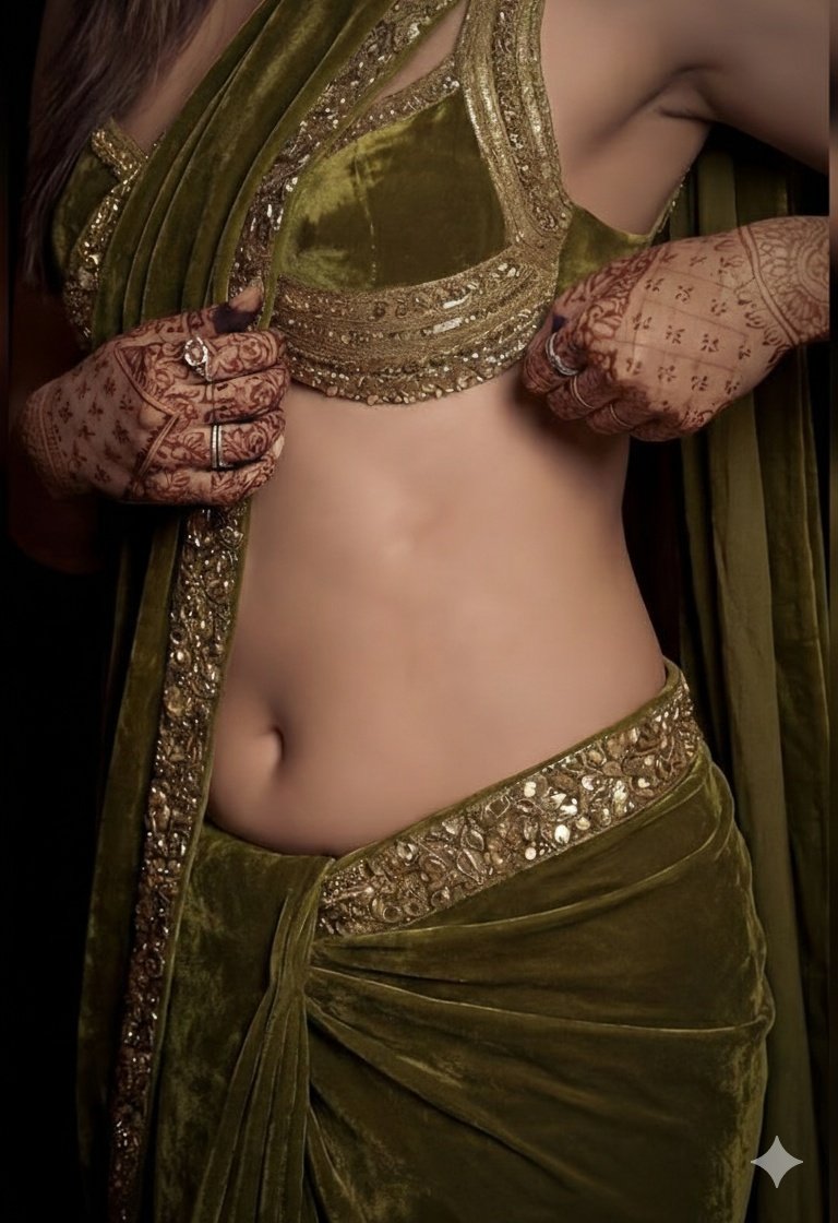 Woman in Olive Velvet Saree