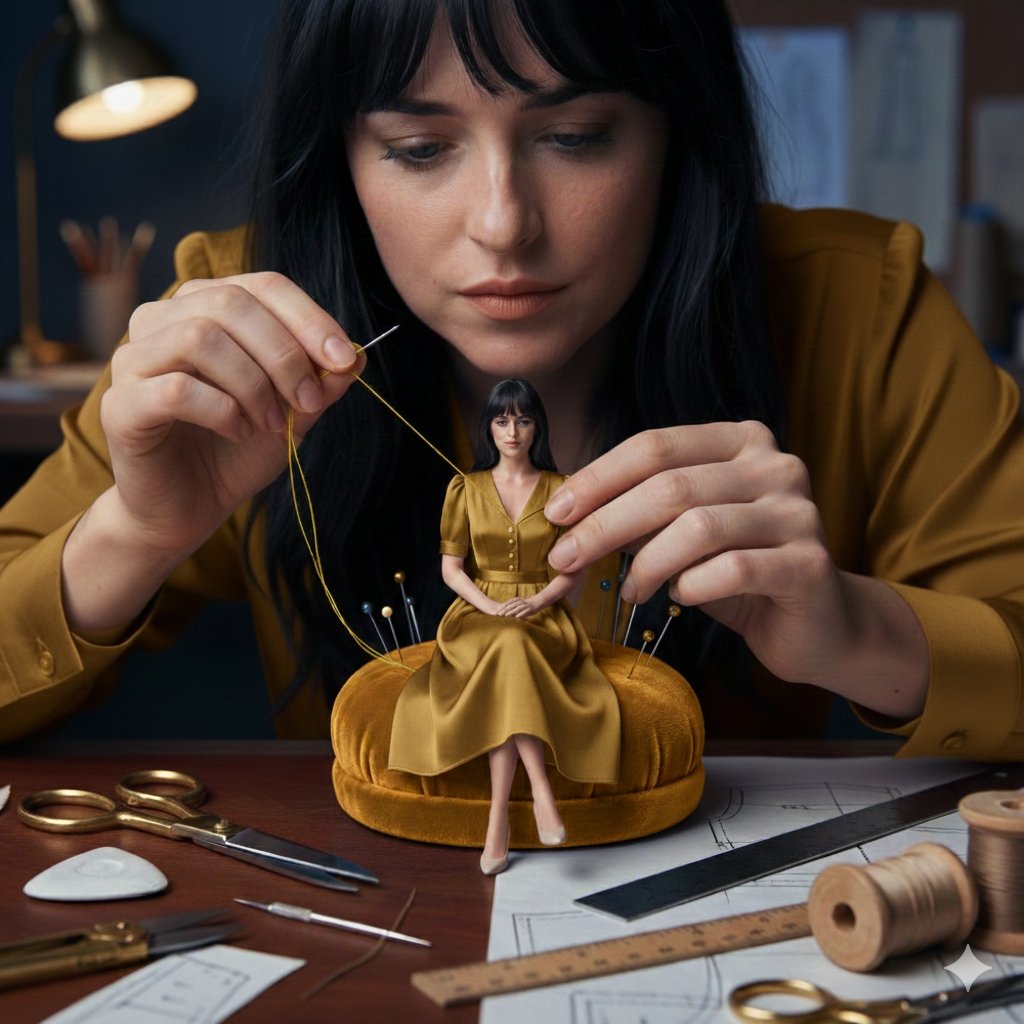 Woman Sewing Miniature Dress
