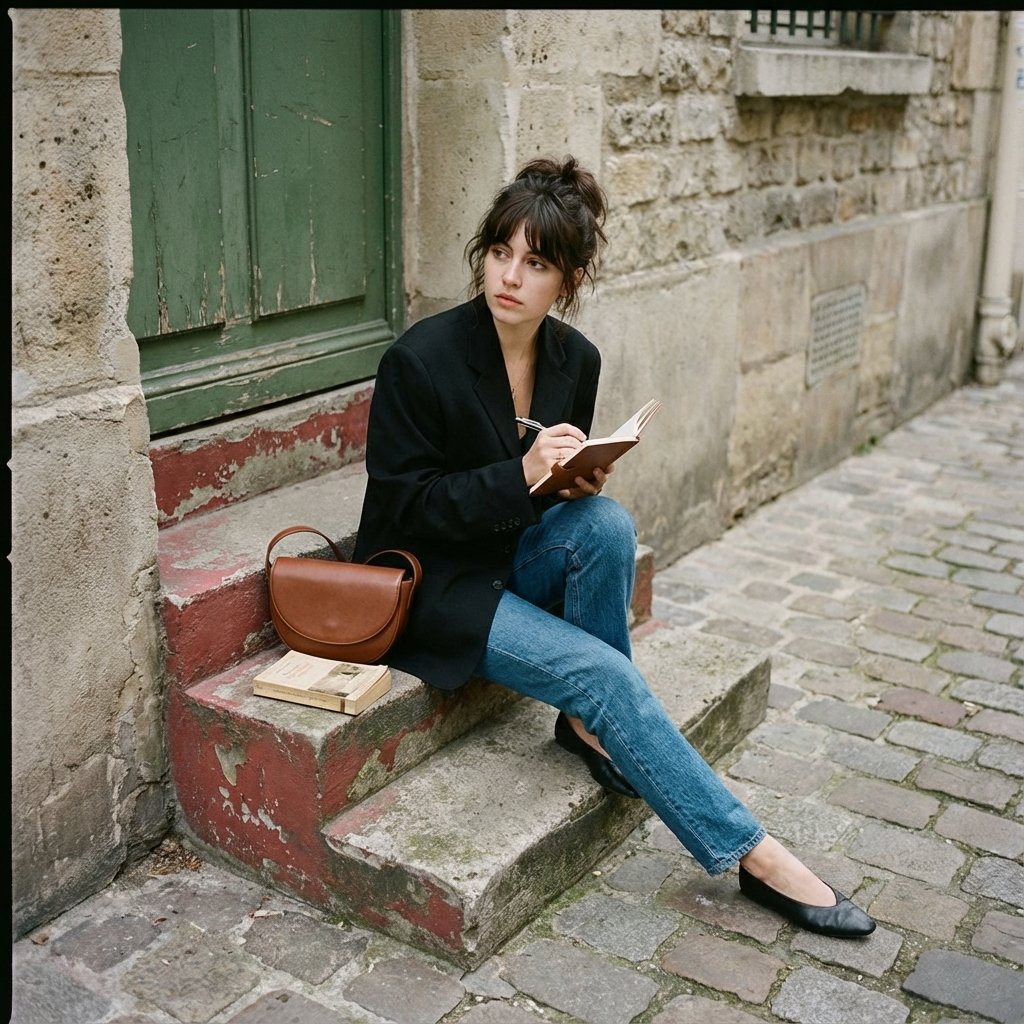 Woman Writing on Stone Steps