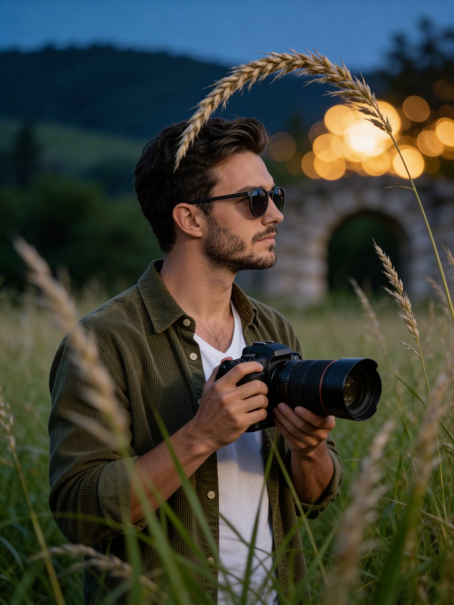 Man with Camera in Meadow