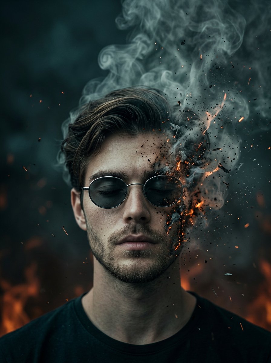 Man's Face Disintegrating into Smoke
