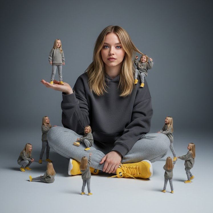 Woman Surrounded by Mini-Mes