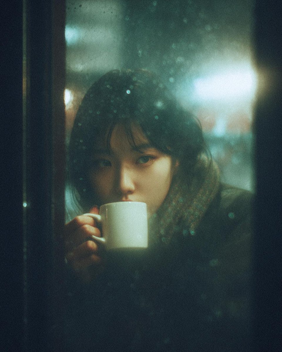 Woman Sips Coffee in Rainy Cafe