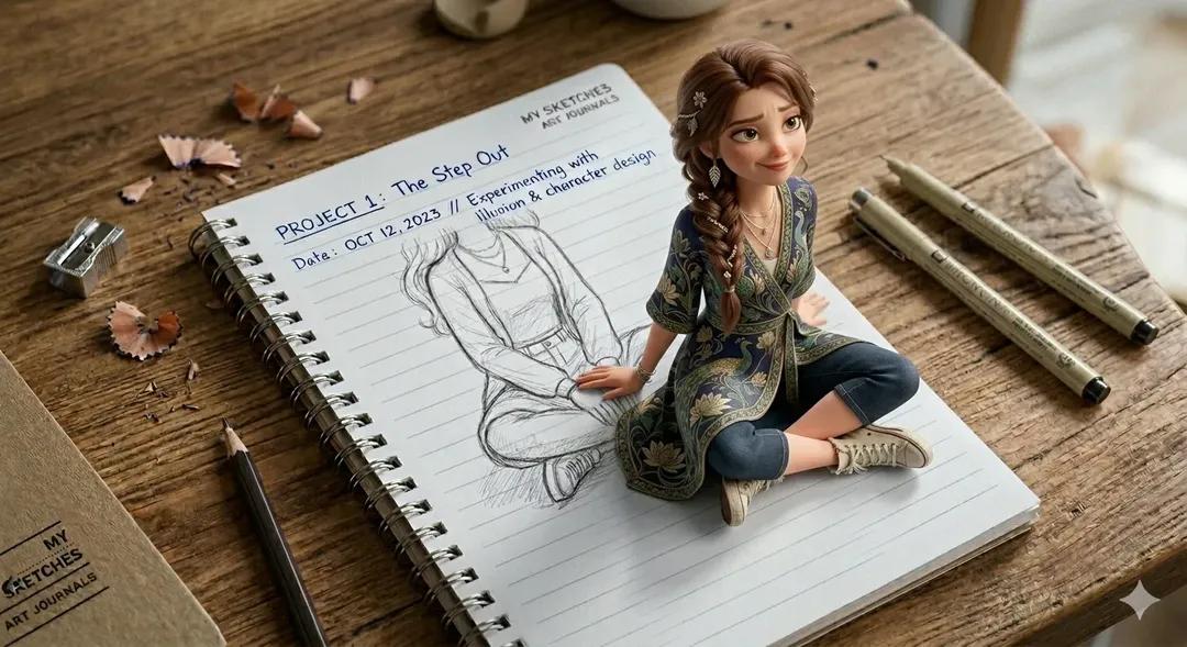 Girl Stepping Out of Notebook