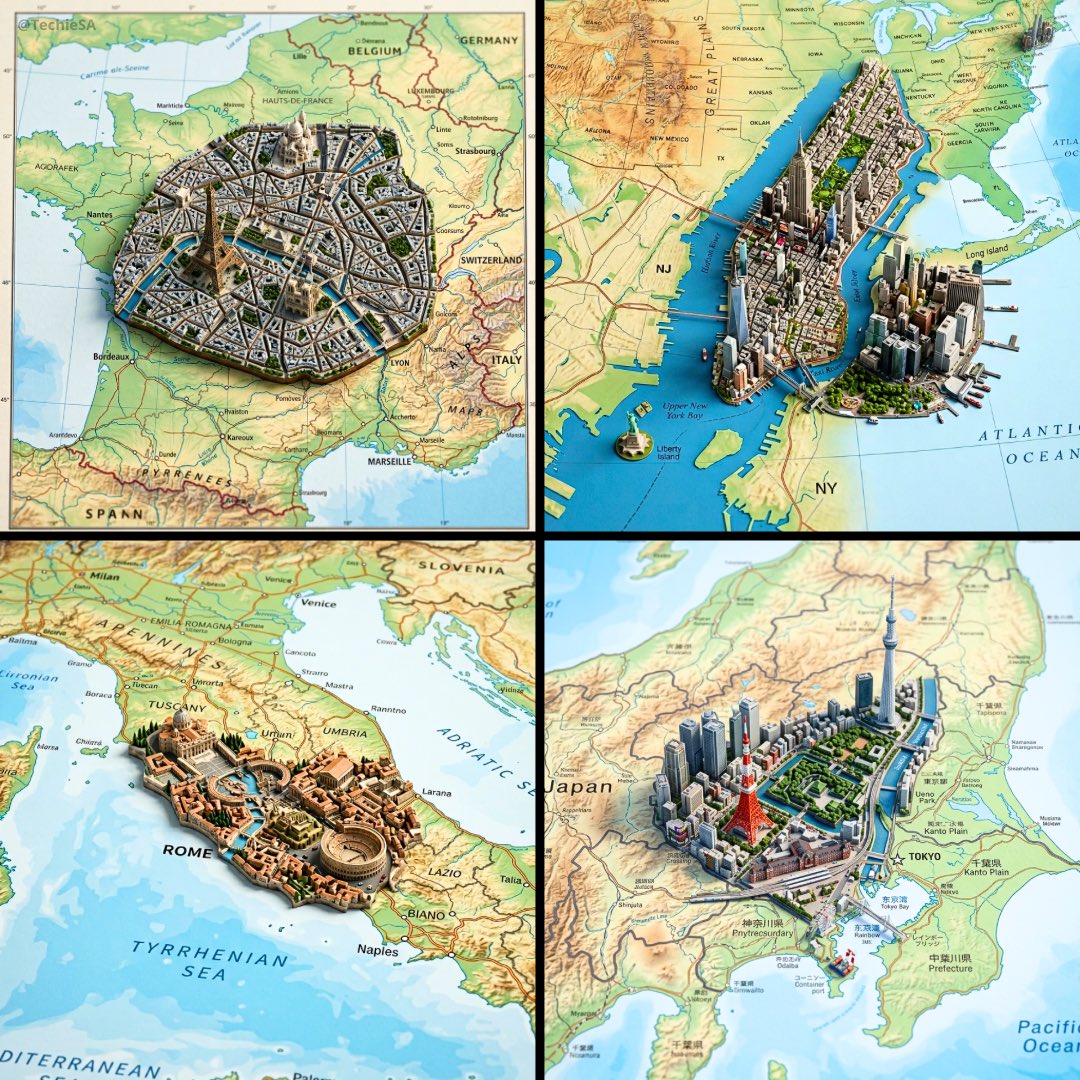 Geographic Map with City Diorama